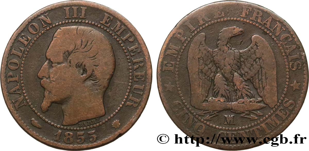 Cinq centimes Napoléon III, tête nue 1855 Marseille F.116/26 TB15 
