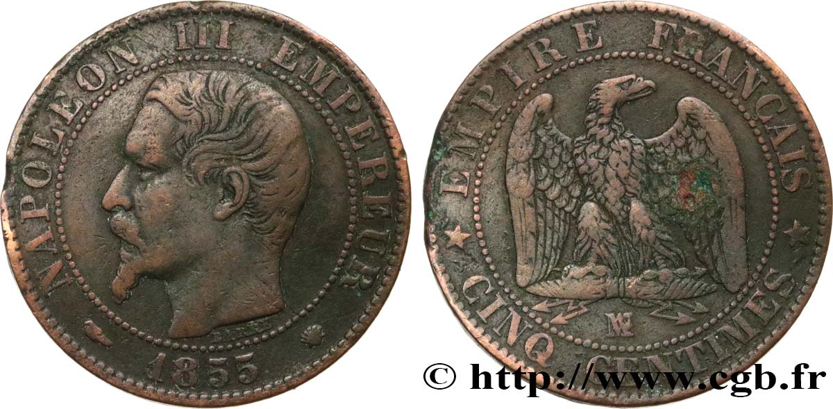 Cinq centimes Napoléon III, tête nue 1855 Marseille F.116/26 BC30 