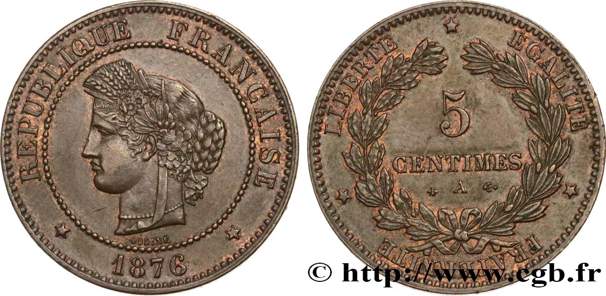 5 centimes Cérès 1876 Paris F.118/13 AU53 