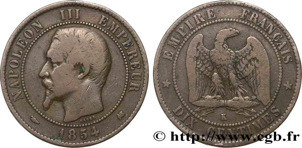 Dix centimes Napoléon III, tête nue 1854 Bordeaux F.133/16 F15 