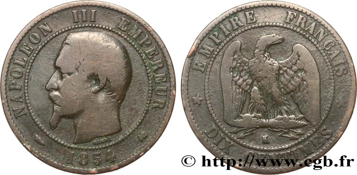 Dix centimes Napoléon III, tête nue 1854 Bordeaux F.133/16 S15 