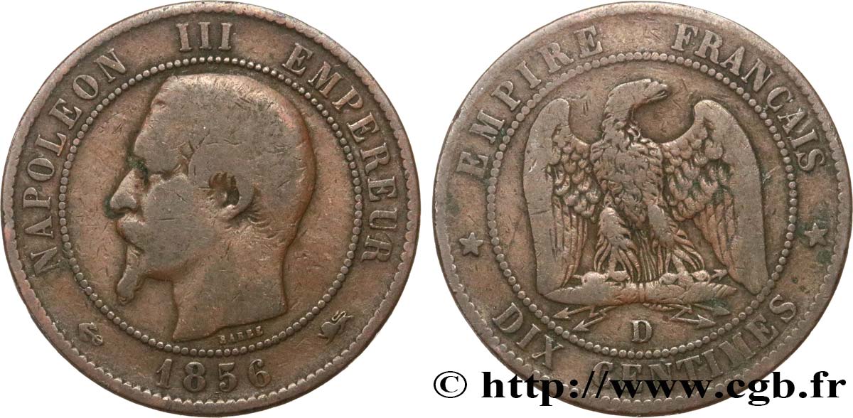 Dix centimes Napoléon III, tête nue 1856 Lyon F.133/37 F15 