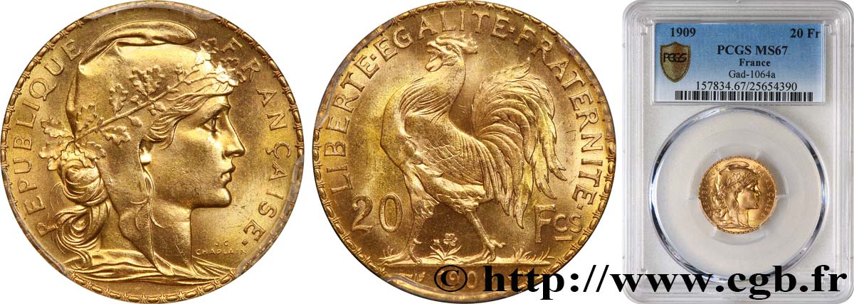 20 francs or Coq, Liberté Égalité Fraternité 1909 Paris F.535/3 FDC67 PCGS
