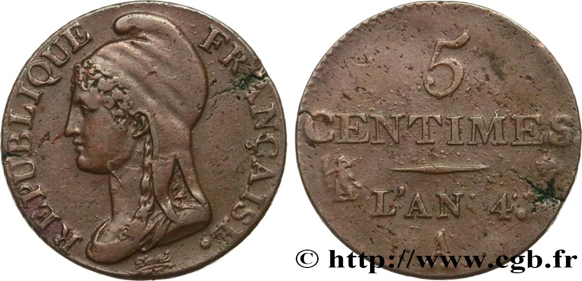 5 centimes Dupré, petit module 1796 Paris F.113/1 SS40 