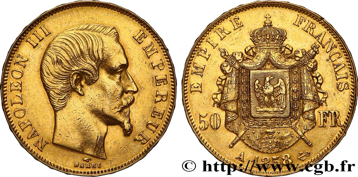 50 francs or Napoléon III, tête nue 1858 Paris F.547/5 XF 
