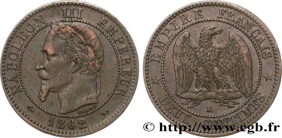 Deux centimes Napoléon III, tête laurée 1862 Bordeaux F.108A/7 SS45 