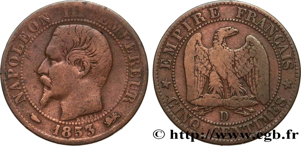 Cinq centimes Napoléon III, tête nue 1853 Lyon F.116/4 fS 