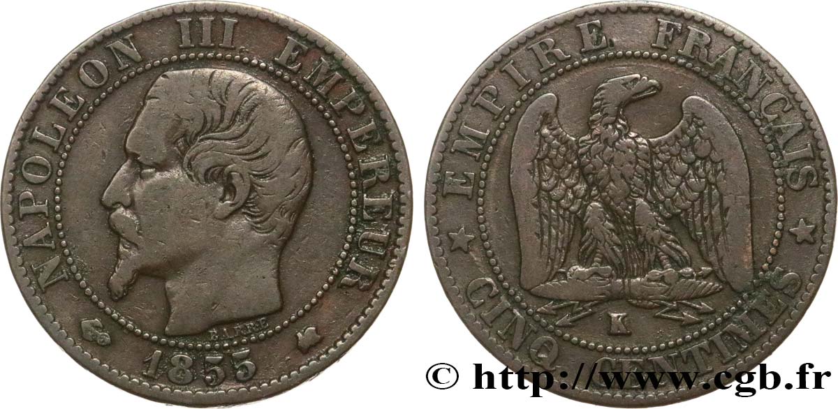 Cinq centimes Napoléon III, tête nue 1855 Bordeaux F.116/25 VF20 