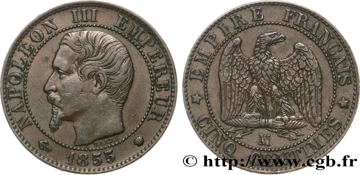 Cinq centimes Napoléon III, tête nue 1855 Marseille F.116/27 MBC50 