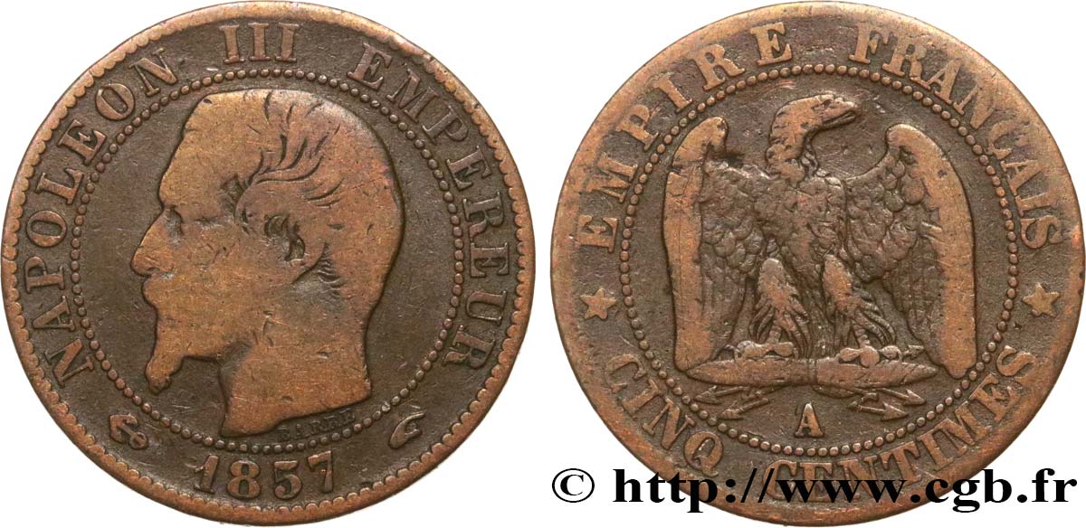 Cinq centimes Napoléon III, tête nue 1857 Paris F.116/37 B+ 