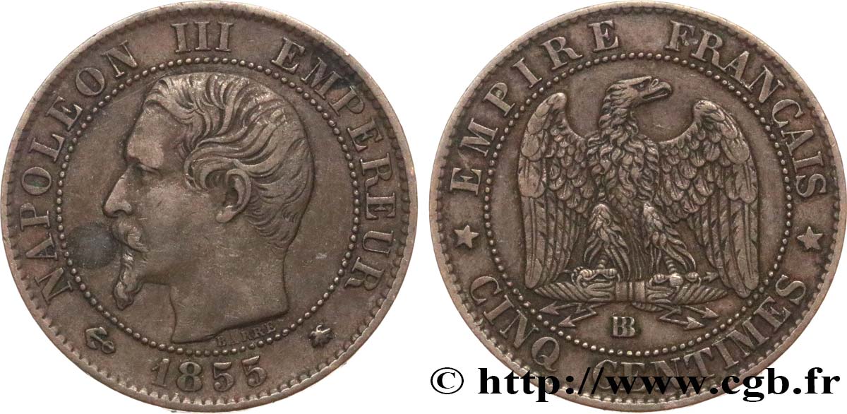 Cinq centimes Napoléon III, tête nue 1855 Strasbourg F.116/21 TTB45 
