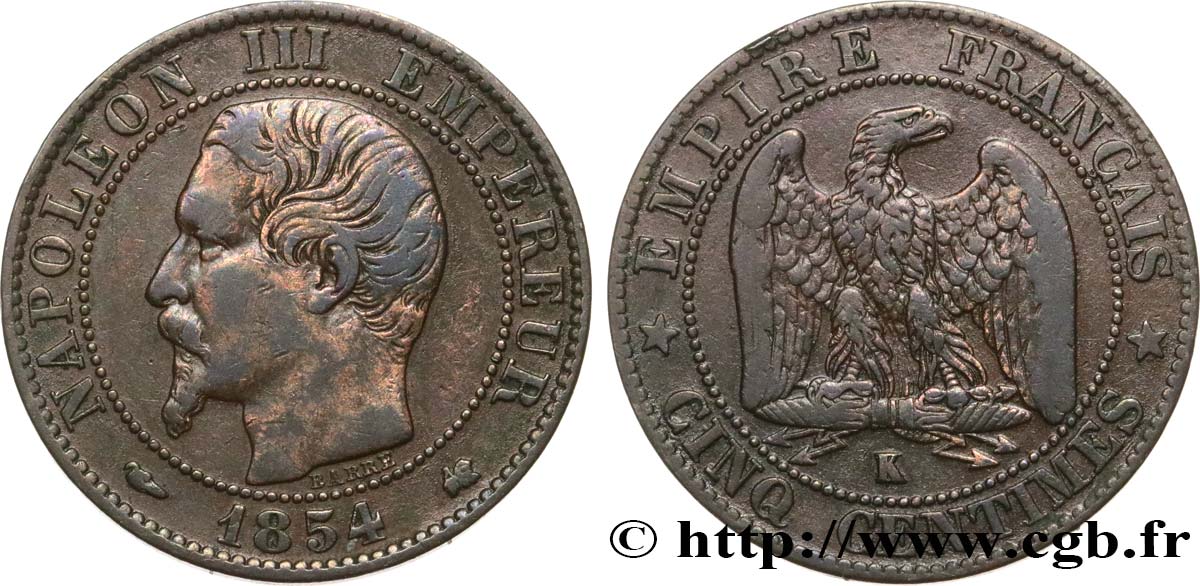 Cinq centimes Napoléon III, tête nue 1854 Bordeaux F.116/13 S25 