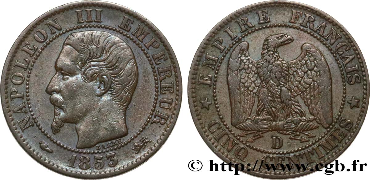 Cinq centimes Napoléon III, tête nue 1853 Lyon F.116/4 XF40 