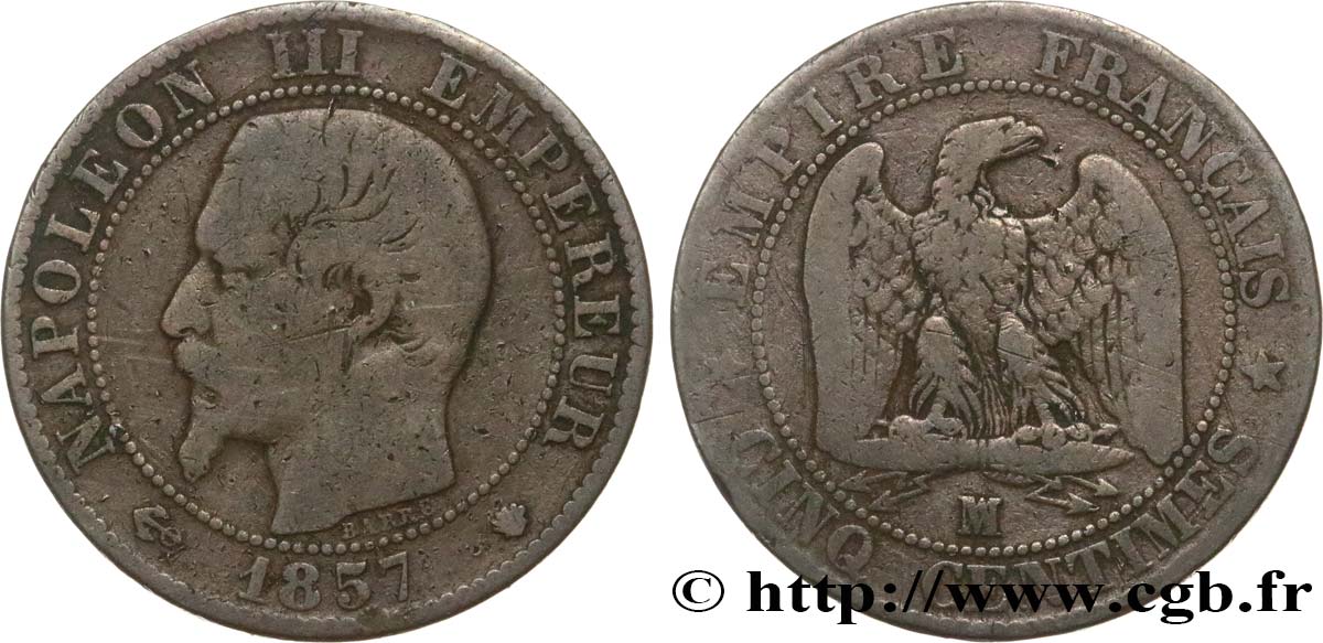 Cinq centimes Napoléon III, tête nue 1857 Marseille F.116/42 B12 