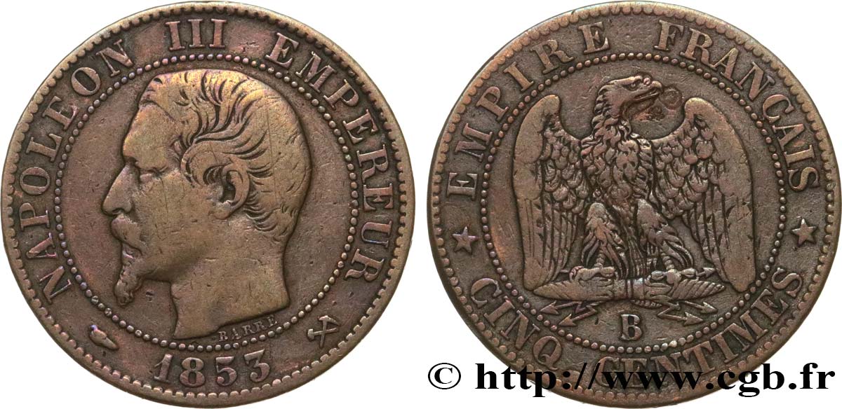 Cinq centimes Napoléon III, tête nue 1853 Rouen F.116/2 BC30 