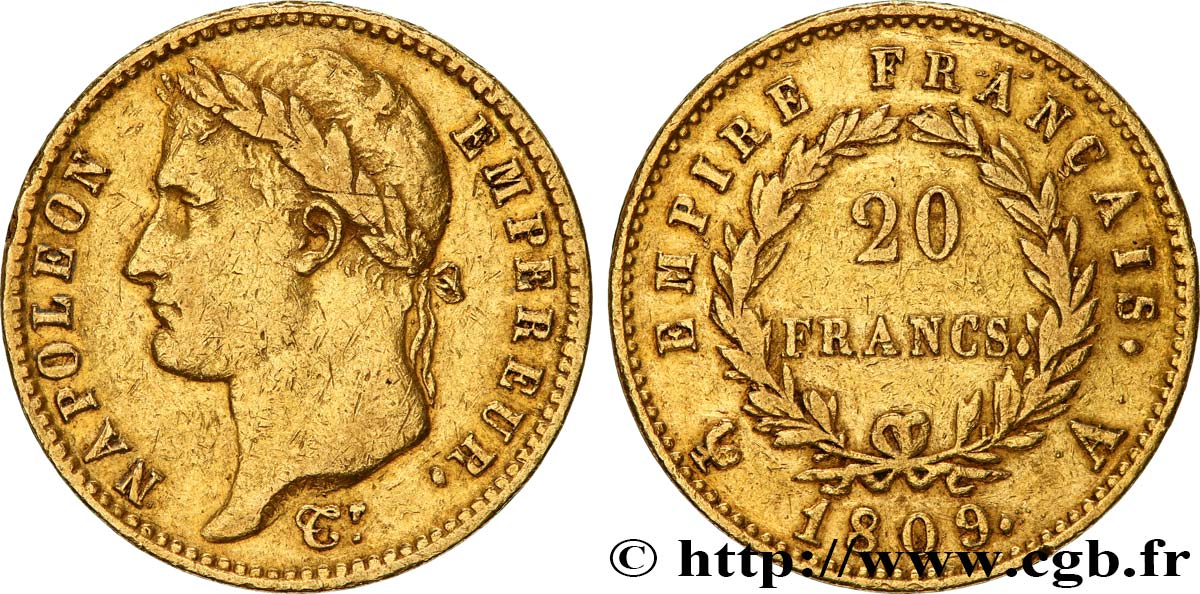 20 francs or Napoléon tête laurée, Empire français 1809 Paris F.516/1 TB+ 