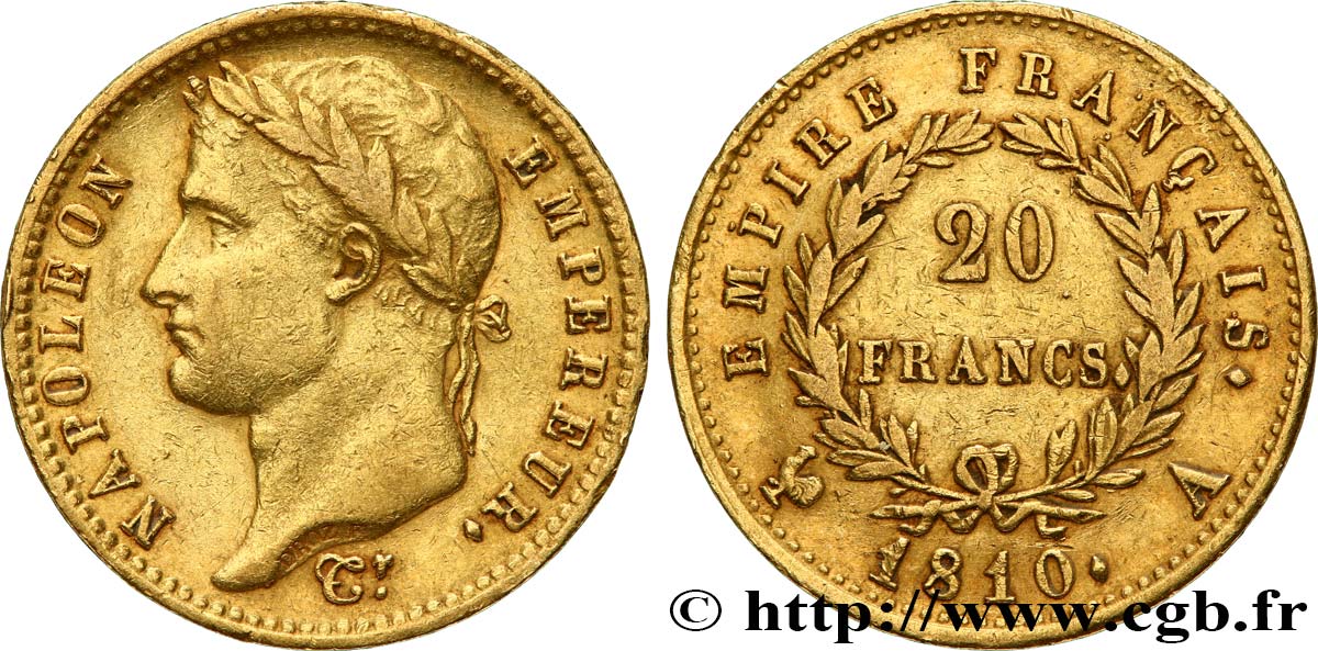 20 francs or Napoléon, tête laurée, Empire français 1810 Paris F.516/8 SS45 
