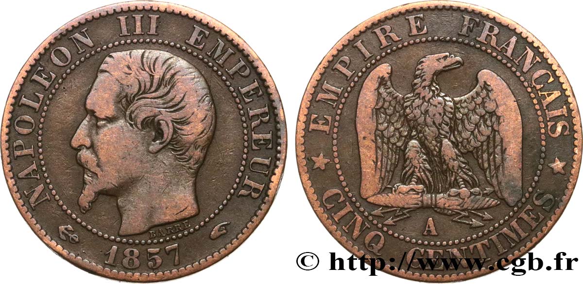 Cinq centimes Napoléon III, tête nue 1857 Paris F.116/37 S 