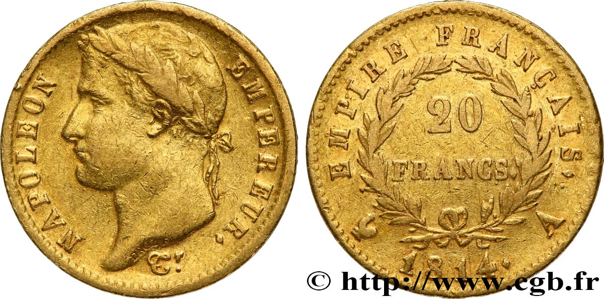 20 francs or Napoléon tête laurée, Empire français 1814 Paris F.516/39 VF35 