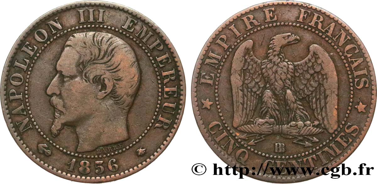 Cinq centimes Napoléon III, tête nue 1856 Strasbourg F.116/32 BC30 