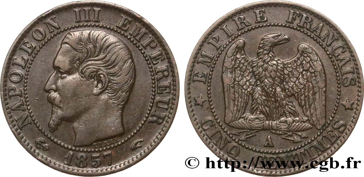 Cinq centimes Napoléon III, tête nue 1857 Paris F.116/37 XF45 