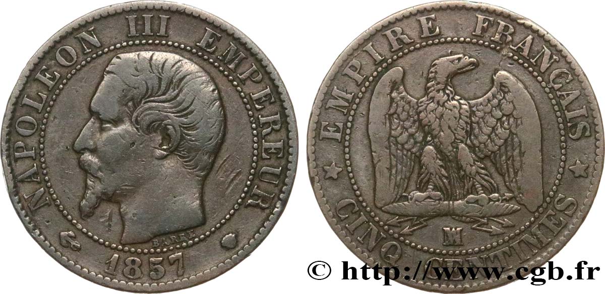 Cinq centimes Napoléon III, tête nue 1857 Marseille F.116/42 VF25 