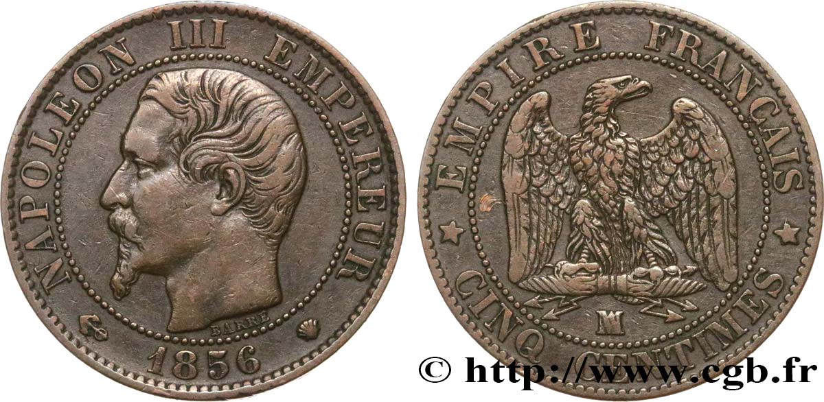 Cinq centimes Napoléon III, tête nue 1856 Marseille F.116/35 MBC45 