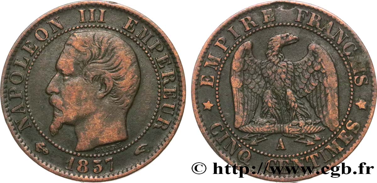 Cinq centimes Napoléon III, tête nue 1857 Paris F.116/37 MB30 