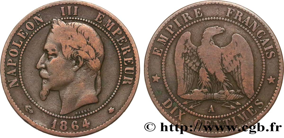 Dix centimes Napoléon III, tête laurée 1864 Paris F.134/13 S15 