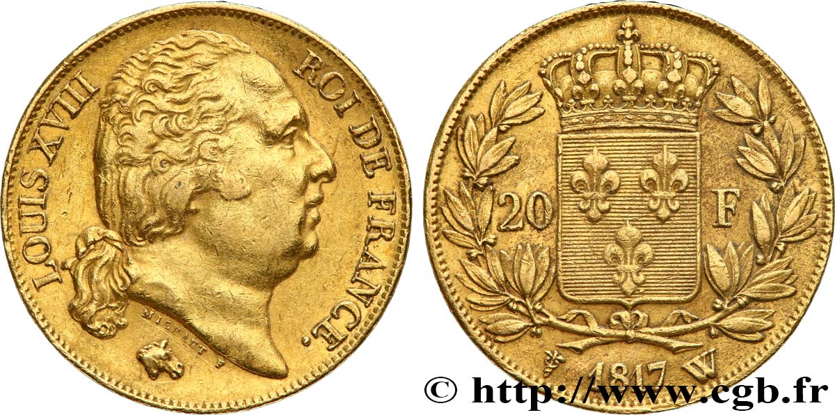 20 francs or Louis XVIII, tête nue 1817 Lille F.519/9 XF45 