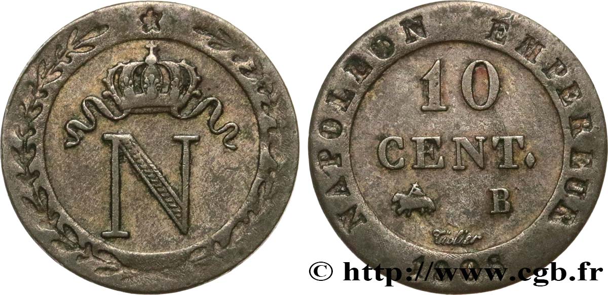 10 cent. à l&nbsp;N couronnée 1808 Rouen F.130/3 TB35 