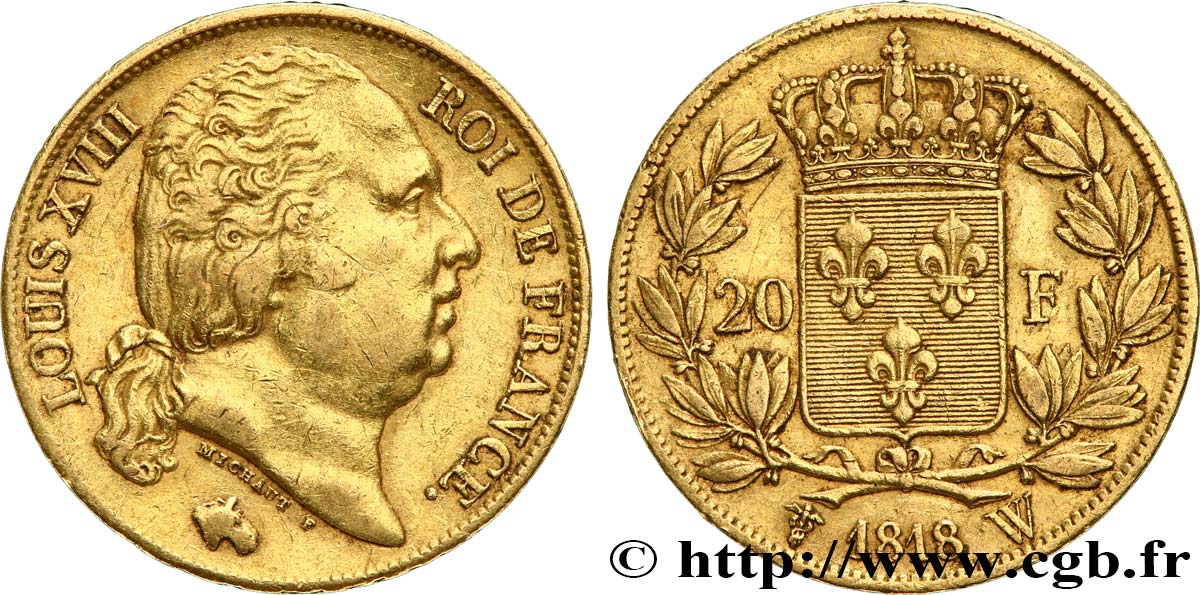 20 francs or Louis XVIII, tête nue 1818 Lille F.519/14 SS40 