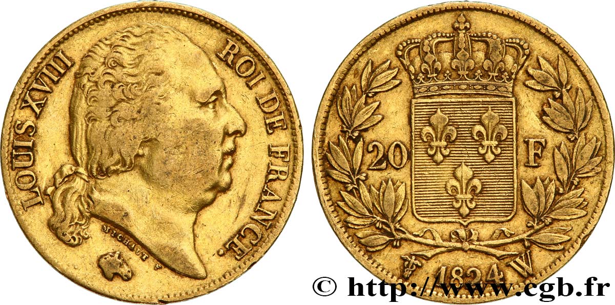 20 francs or Louis XVIII, tête nue 1824 Lille F.519/34 S35 