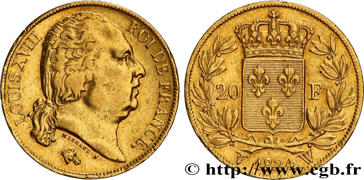 20 francs or Louis XVIII, tête nue 1824 Lille F.519/34 MBC 