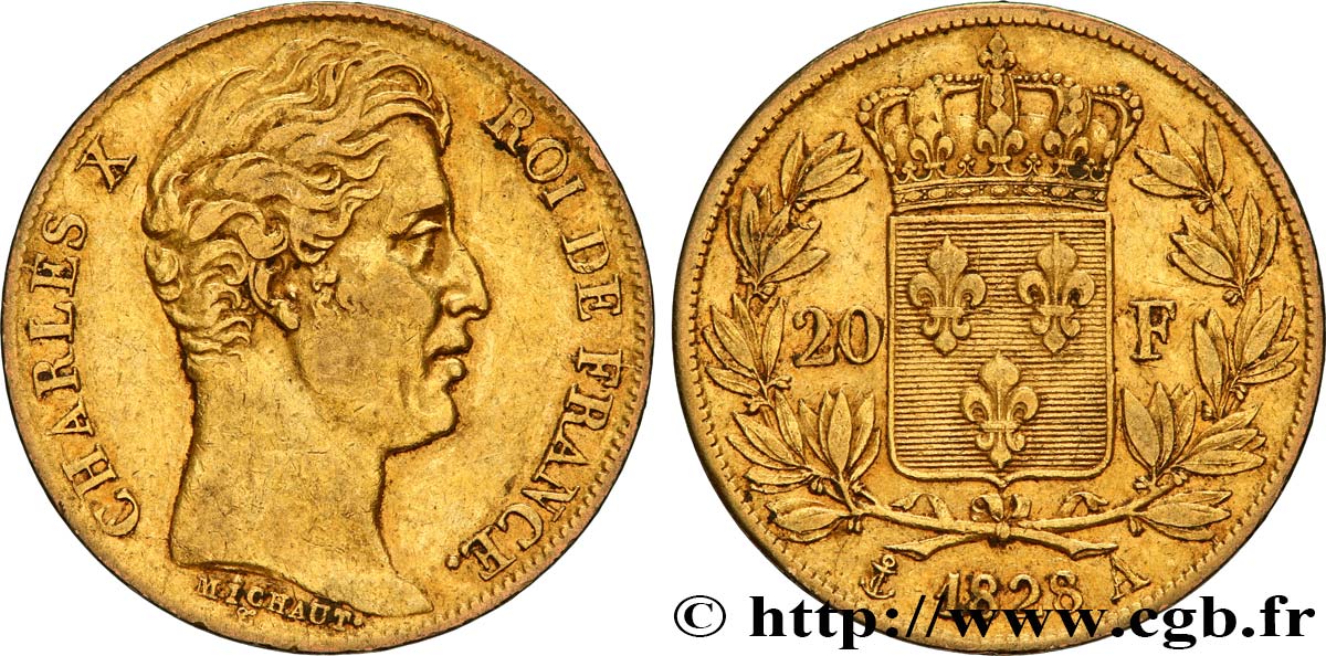 20 francs or Charles X, matrice du revers à quatre feuilles et demie 1828 Paris F.520/8 MBC45 