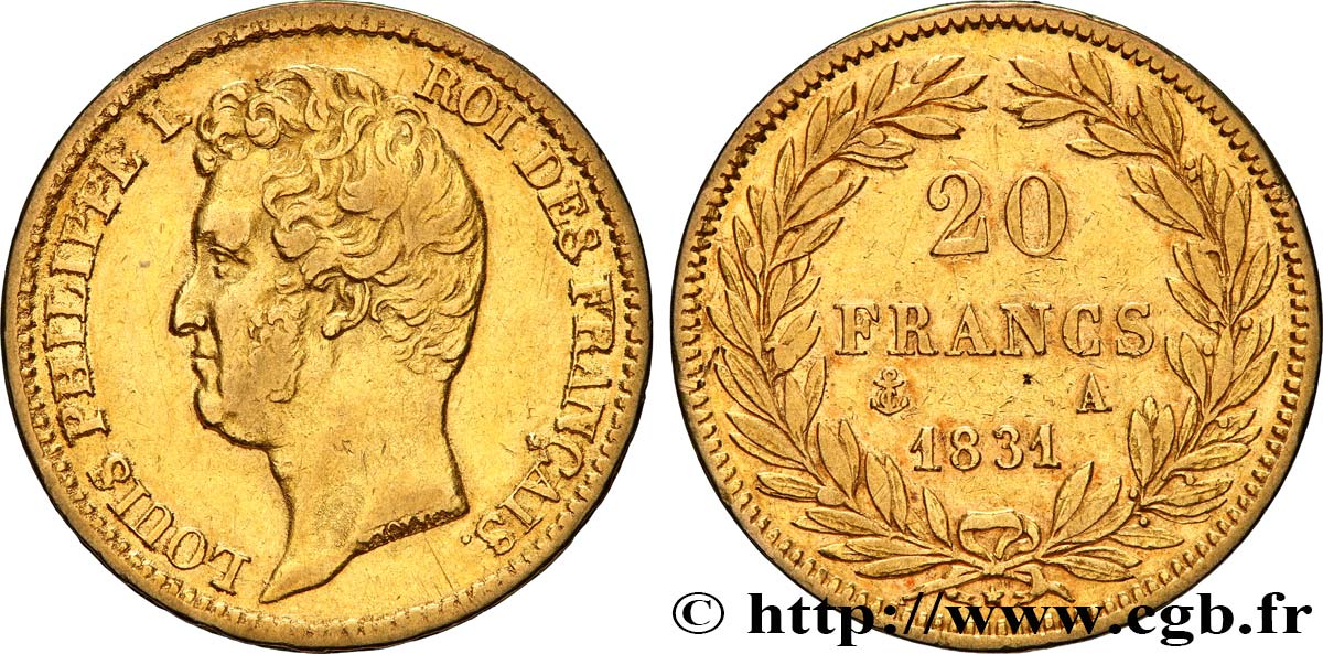 20 francs or Louis-Philippe, Tiolier, tranche inscrite en creux 1831 Paris F.524/2 MBC40 