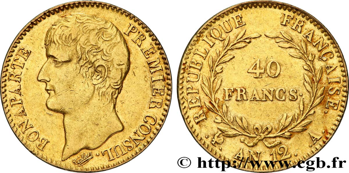 40 francs or Bonaparte Premier Consul 1804 Paris F.536/6 XF40 