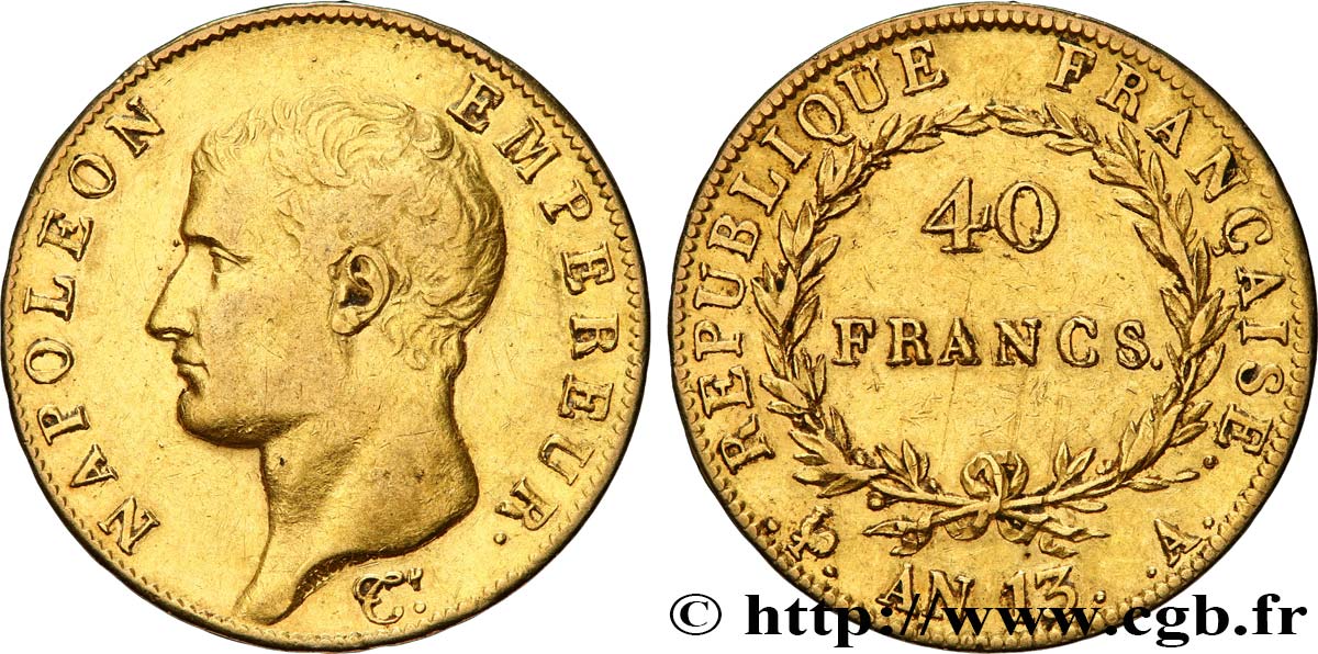 40 francs or Napoléon tête nue, Calendrier révolutionnaire 1805 Paris F.537/1 fSS 