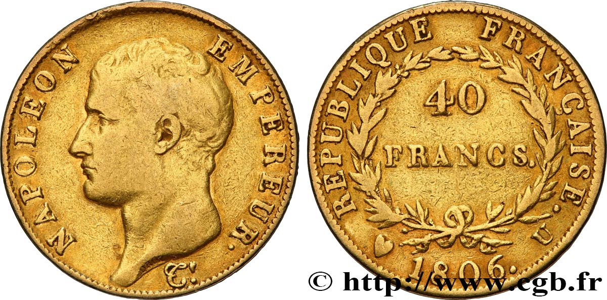 40 francs or Napoléon tête nue, Calendrier grégorien 1806 Turin F.538/4 TB30 