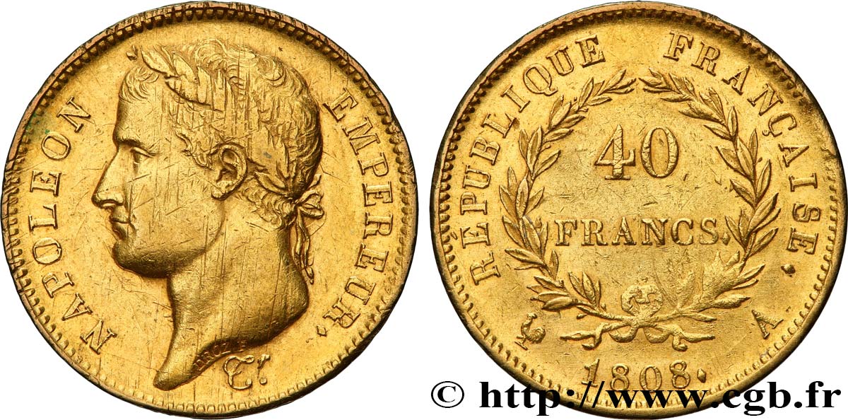 40 francs or Napoléon Ier tête laurée, République française 1808 Paris F.540/2 XF 