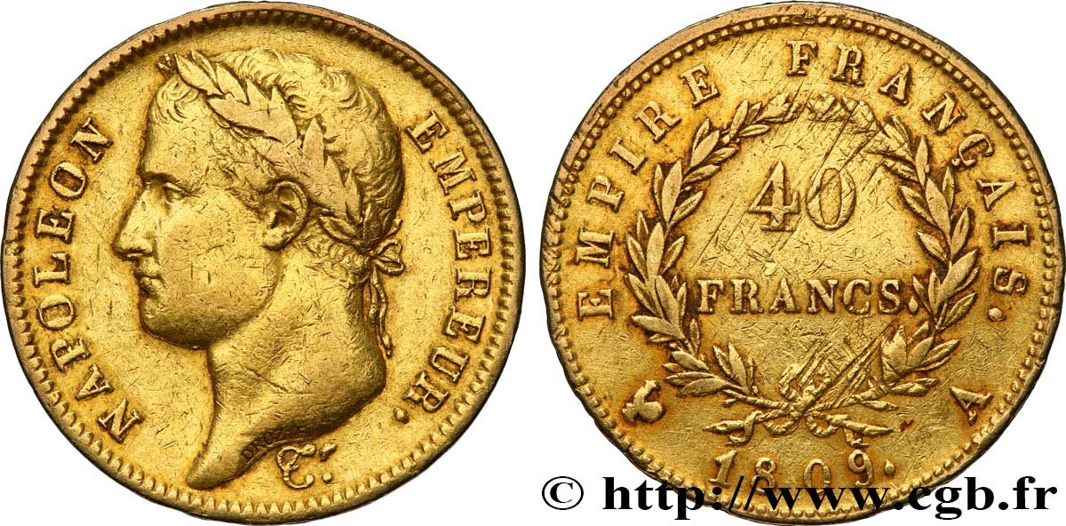 40 francs or Napoléon tête laurée, Empire français 1809 Paris F.541/1 BC+ 