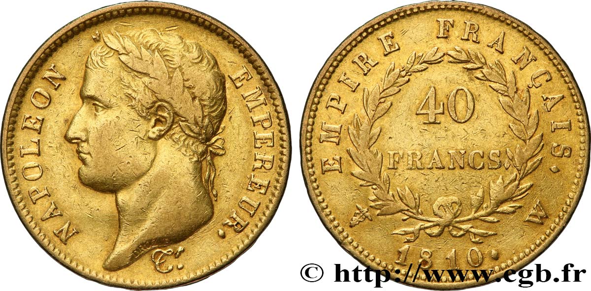 40 francs or Napoléon tête laurée, Empire français 1810 Lille F.541/5 MBC40 