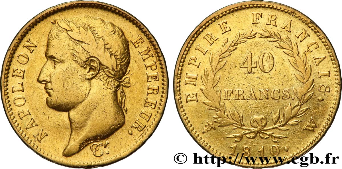 40 francs or Napoléon tête laurée, Empire français 1810 Lille F.541/5 MBC 