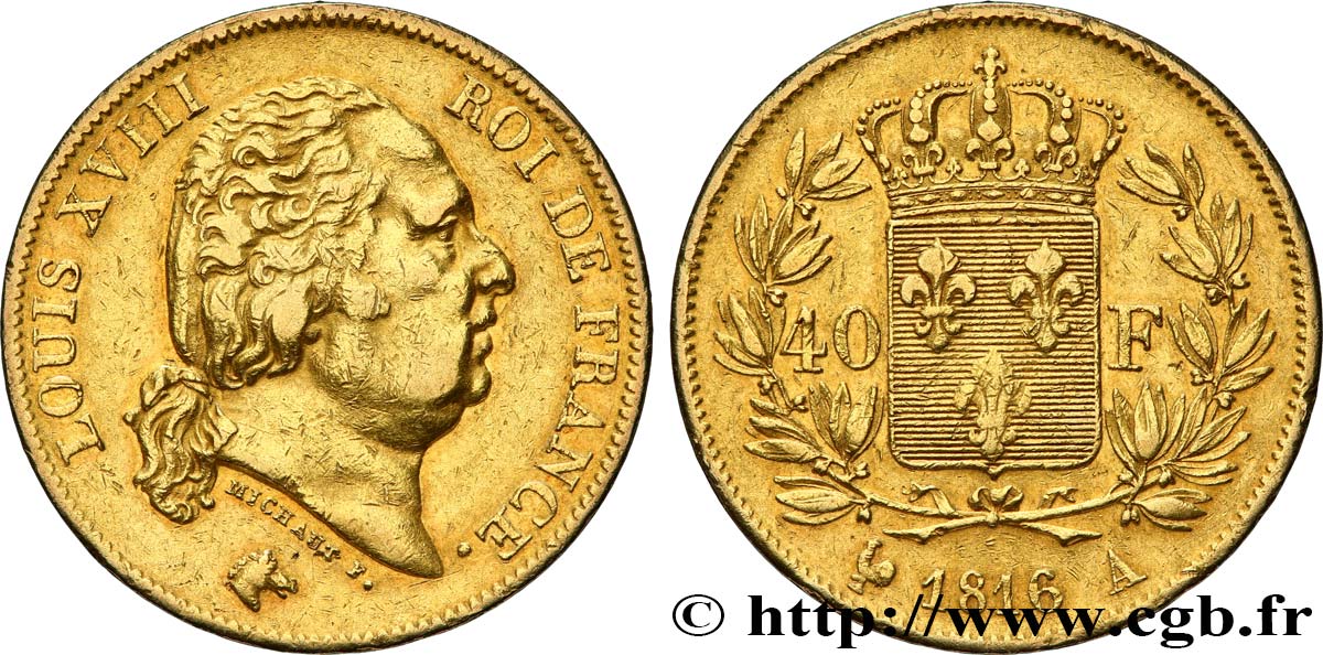40 francs or Louis XVIII 1816 Paris F.542/1 fSS 