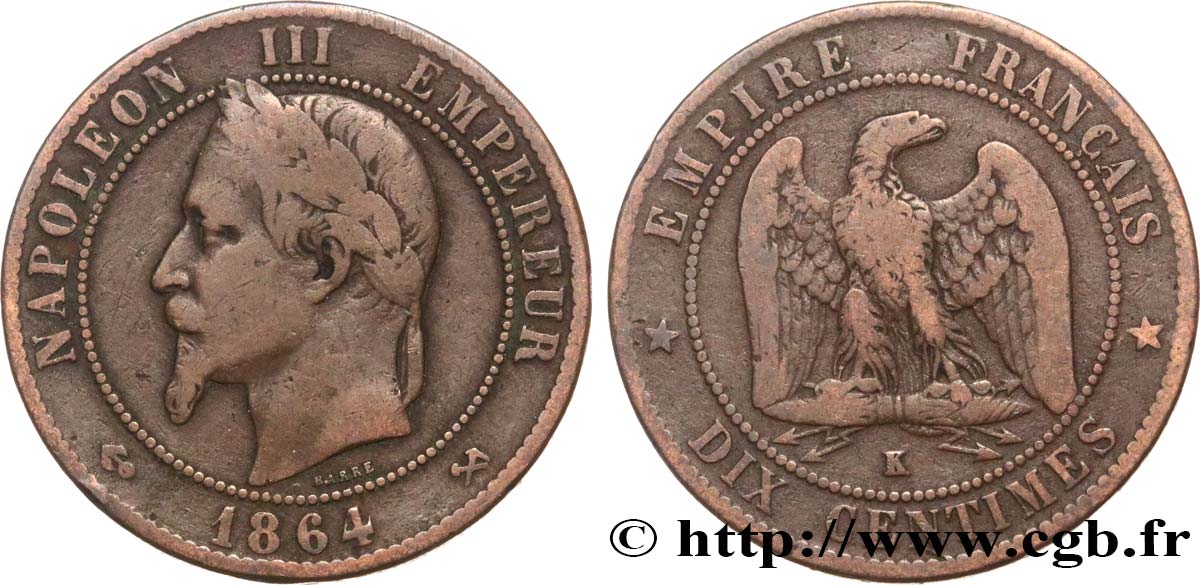Dix centimes Napoléon III, tête laurée 1864 Bordeaux F.134/15 TB20 