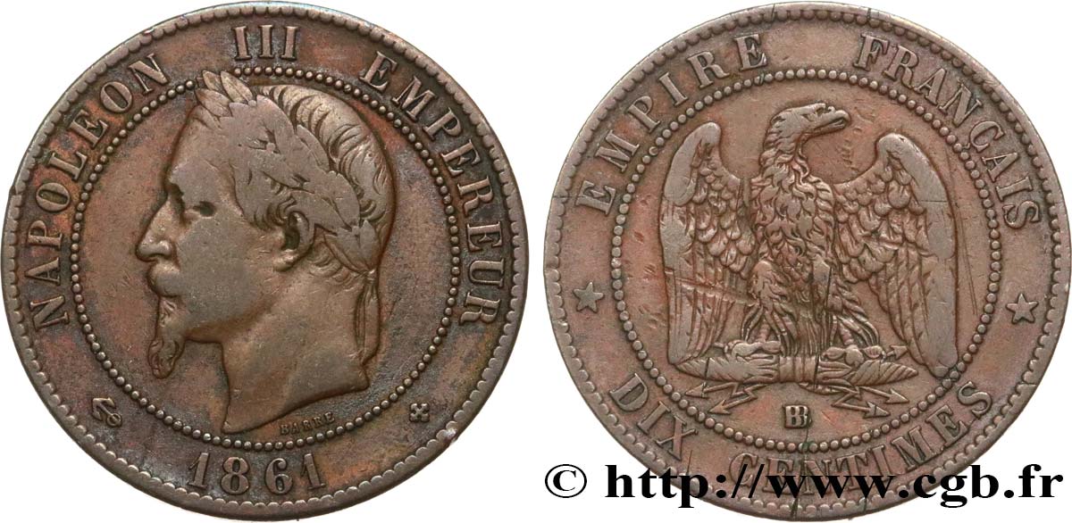 Dix centimes Napoléon III, tête laurée 1861 Strasbourg F.134/5 VF25 
