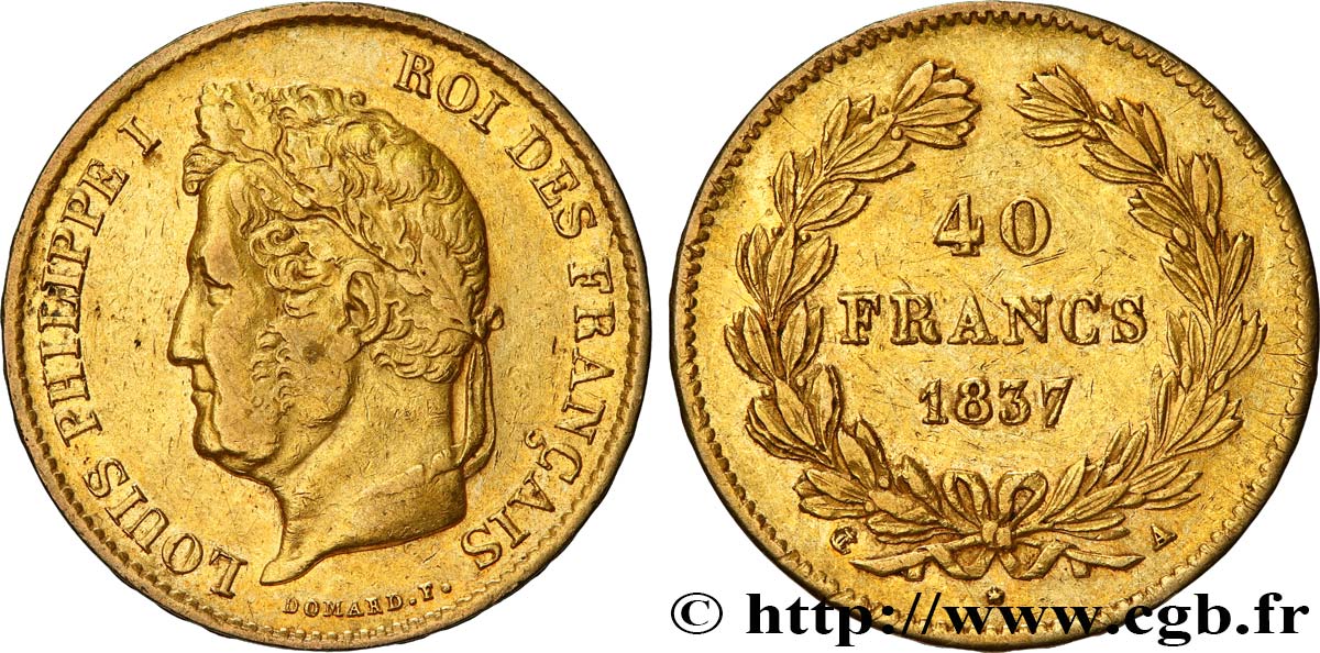 40 francs or Louis-Philippe 1837 Paris F.546/10 MBC40 