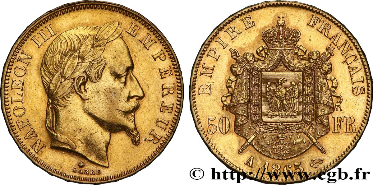 50 francs or Napoléon III, tête laurée 1865 Paris F.548/5 TTB+ 