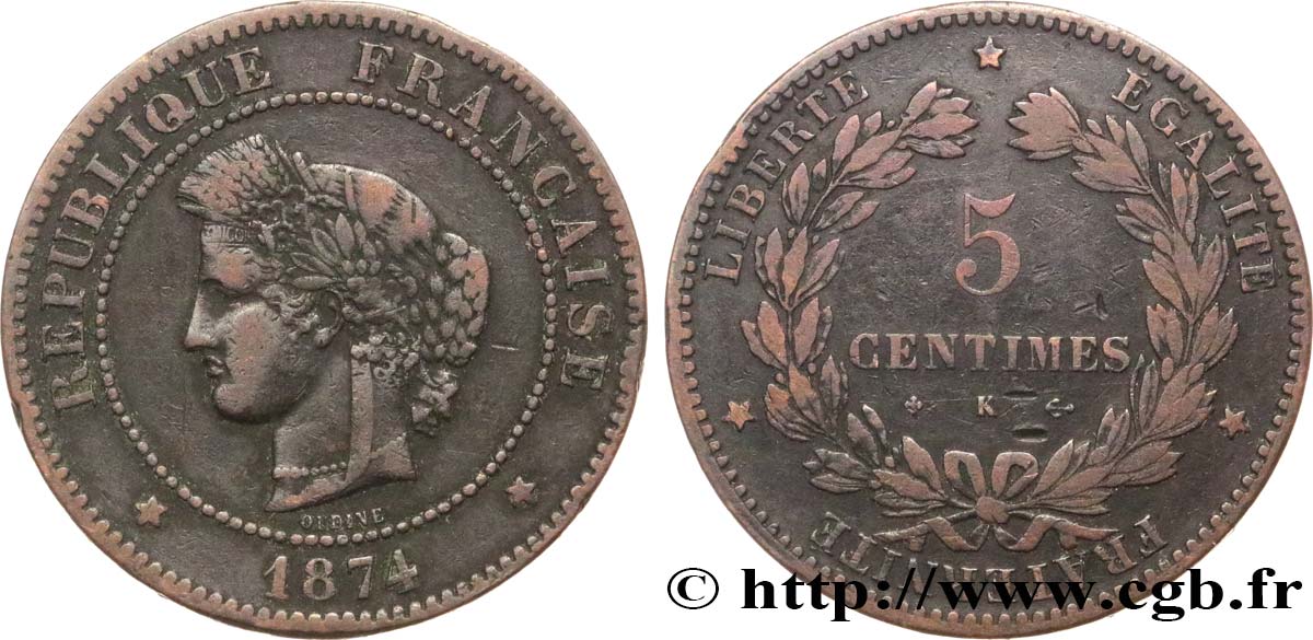 5 centimes Cérès 1874 Bordeaux F.118/10 VF25 