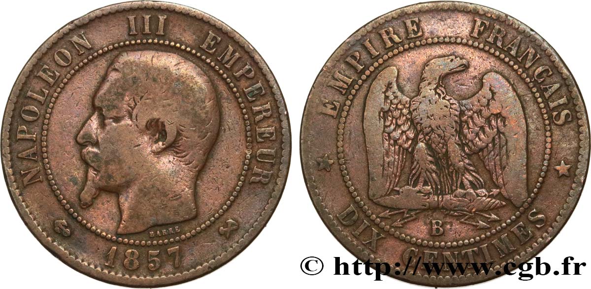 Dix centimes Napoléon III, tête nue 1857 Rouen F.133/42 BC15 